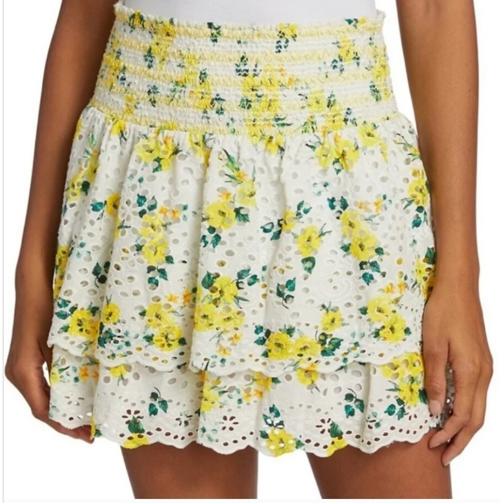 Alice + Olivia Bethie Mini Skirt in "Drifting By Floral" Smocked Tiered- Small